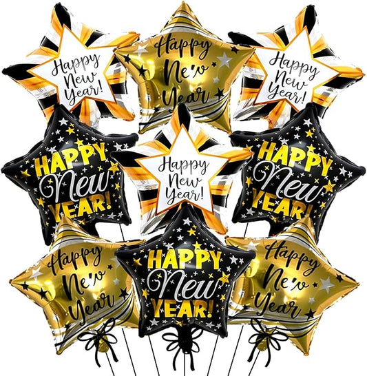 9pcs Happy New Year Balloons, Black and Gold Star Foil Balloon For 2026 New Years Eve Party Supplies