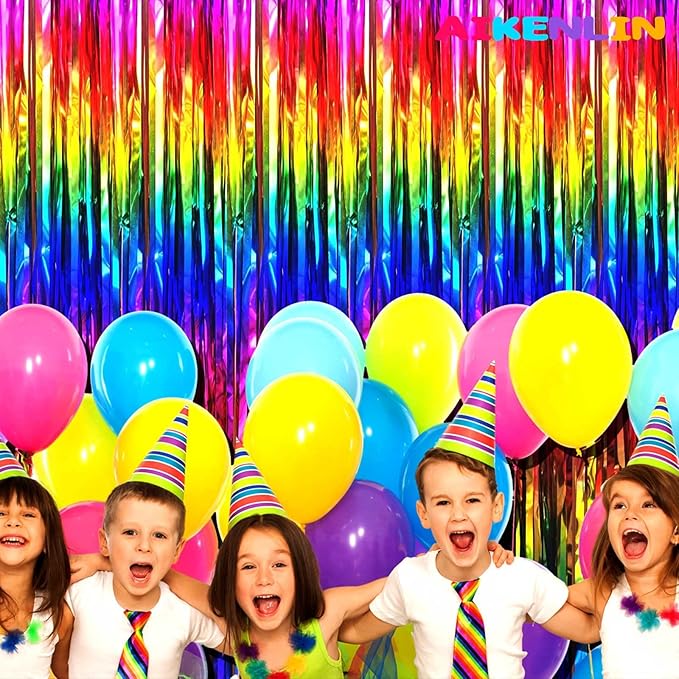 4 Pack Colorful Foil Fringe Curtain Backdrop, 3.2Ft x 9.8Ft Metallic Tinsel Foil Fringe Streamers Curtains for Party, Photo Booth Prop, Birthday, Wedding, Christmas Party Decoration Supplies