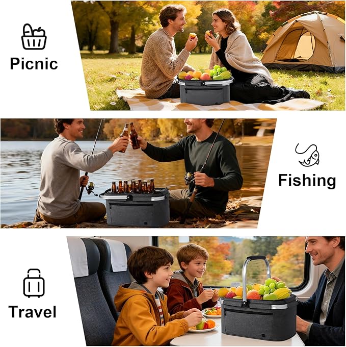 ALLCAMP Picnic Basket - 32L Insulated Cooler, Thickening Foldable Picnic Basket with Removable Baskets & Sewn-in Frame, Basket for House Warming Gifts New Home(Gray)