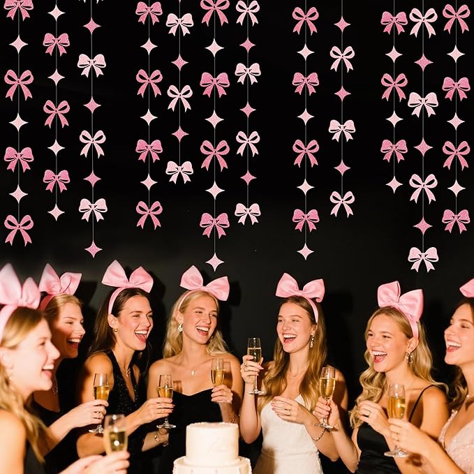 Pink Bow Decorations Pink Glitter Paper Heart Bow Hanging Garland Streamer for Coquette Birthday Valentines Bachelorette Anniversary Wedding Bridal Shower Baby Shower Hen Party Decorations Supplies