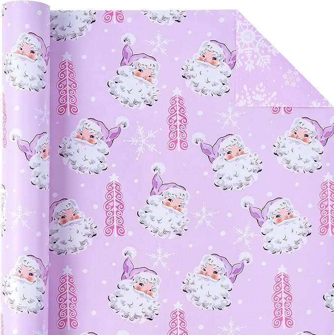 WRAPAHOLIC 30 Inch Jumbo Reversible Christmas Wrapping Paper - 30 Inch x 33 Feet - Purple Santa Claus and Snowflake with Embossed for Christmas, Holiday, Party Celebration
