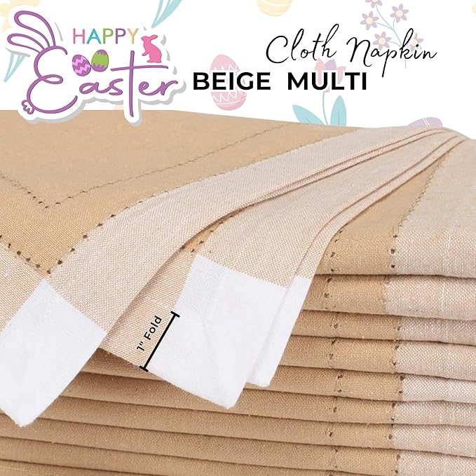 Homidate Cotton Cloth Napkins Set of 12 – 20x20 Beige Multi Double Hemstitched – Machine Washable Dinner Napkins for Weddings, Easter & Special Occasions
