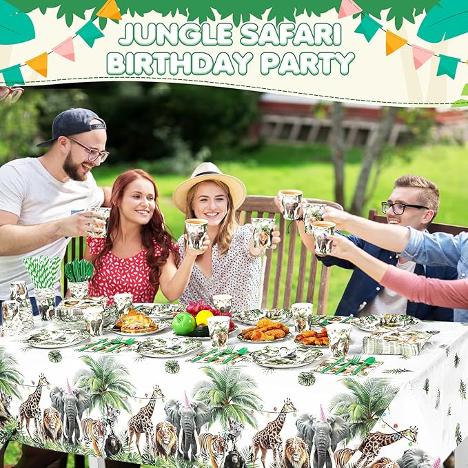 452 Pcs Wild Animals Birthday Party Decorations for 50, Jungle Themed Paper Plates Napkins Cups Tablecloth Cutlery Straws Safari Zoo Tableware Set for Baby Shower Gender Reveal Party Supplies