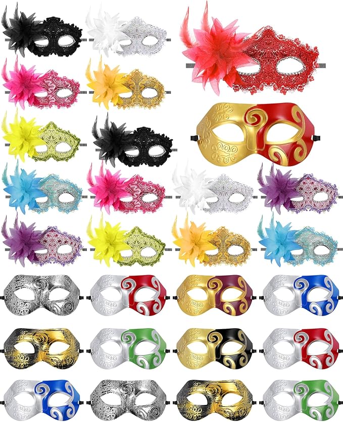 Sratte Couple Masquerade Mask with Feather Flower Unisex Half Face Venetian Mask for Mardi Gras Party