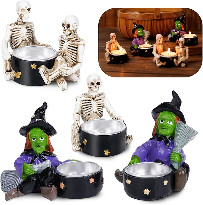 Candle Holder Halloween Skull Witch Decoration Candlestick Horror Spooky Decoration for Halloween Themed Home Table Desk Decor,4 Packs