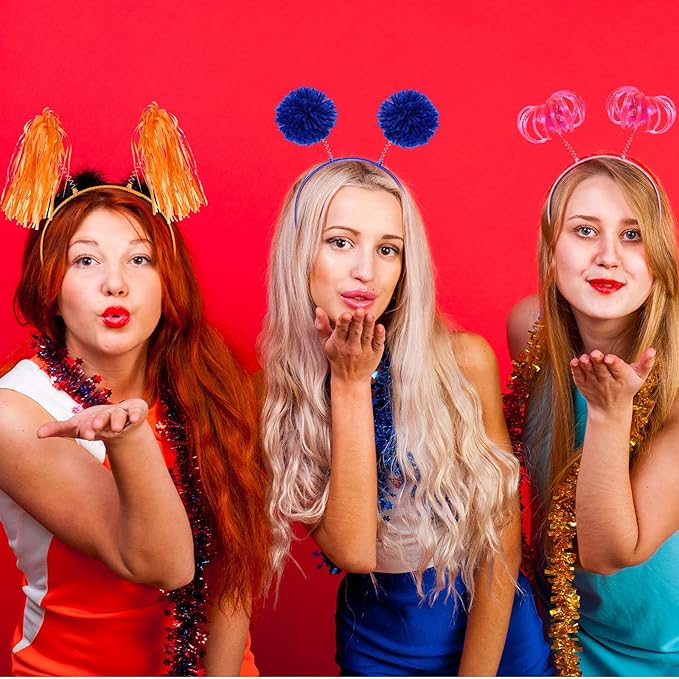 Censen 24 Pcs Pom Pom Headband Tinsel Wrapped Ponytail Head Bopper Costume Headwear Halloween Party Accessory