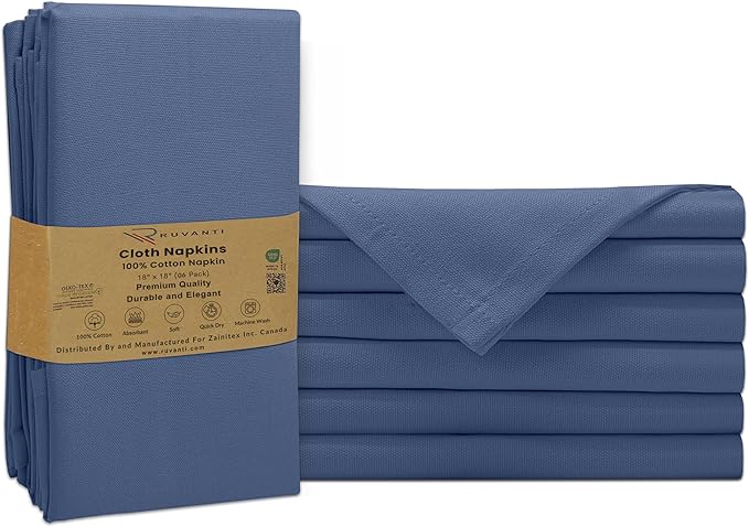 Ruvanti Premium Cloth Napkins Set of 6, 18x18 Inches, 100% Cotton, Washable, Soft & Absorbent, Perfect for Wedding, Christmas, ‎Thanksgiving Dinners - Bijou Blue