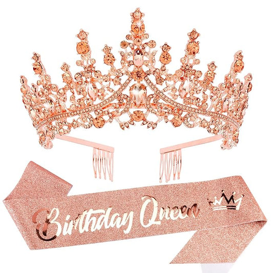 Velscrun Rose Gold Crystal Birthday Queen Tiara Crown for Women Girls Birthday Queen Headband Sash Elegant Princess Crown with Combs Hair Accessories Happy Birth Party Decorations Mom Birth Gift