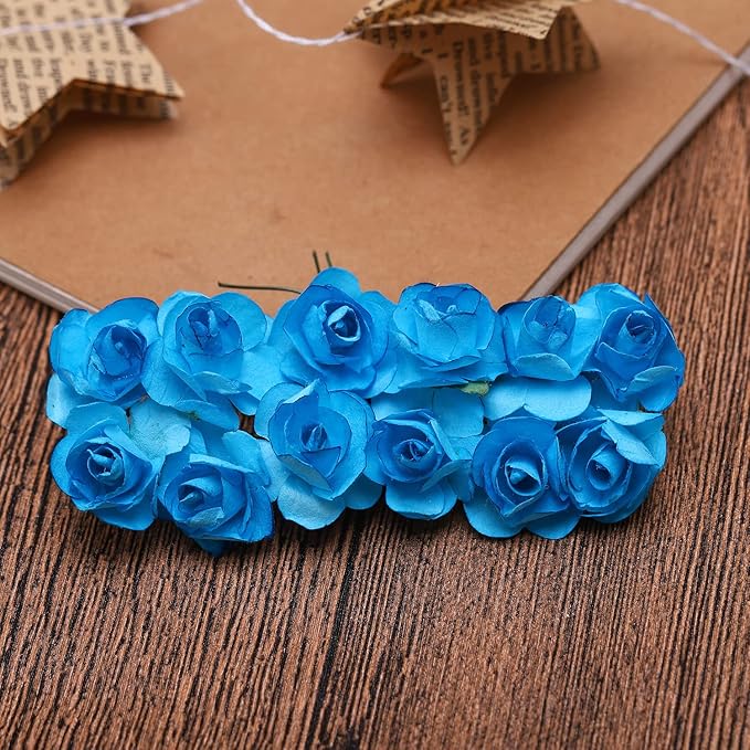 144pcs Mulberry Paper Mini Roses Artificial Flowers Heads with Stems for DIY Crafts Accessories Make Bridal Hair Clips Headbands Dress Wedding Bridal Bouquet Home Decor Valentine's (Turquoise Blue)