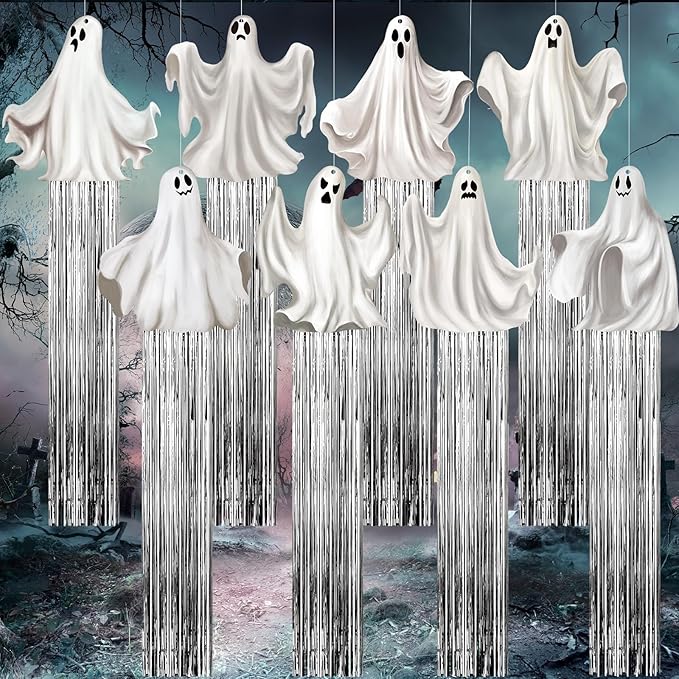 8 Pcs Halloween Ghosts Outdoor Hanging Decorations with Tassels Summer Halloween Decorations Yard Signs for Farmhouse Festival 3.3 ft Spooky Home Lawn Yard Party Supplies Garden Decor