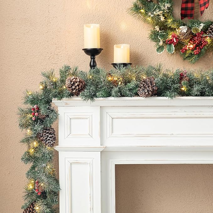 Glitzhome 2PK 9ft Prelit Christmas Garlands, Glittered Greenery Garlands Artificial Pine Garlands with Pine Cones Berries, Christmas Garland with Lights for Mantle, Fireplace, Stairs Decorations