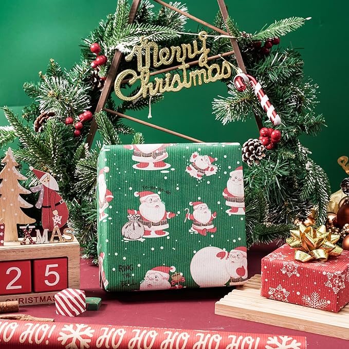 RUSPEPA Kraft Wrapping Paper Rolls - 17 inches x 10 feet per Roll, Total of 4 Rolls, Santa Claus, Snowflake and Christmas Tree Design