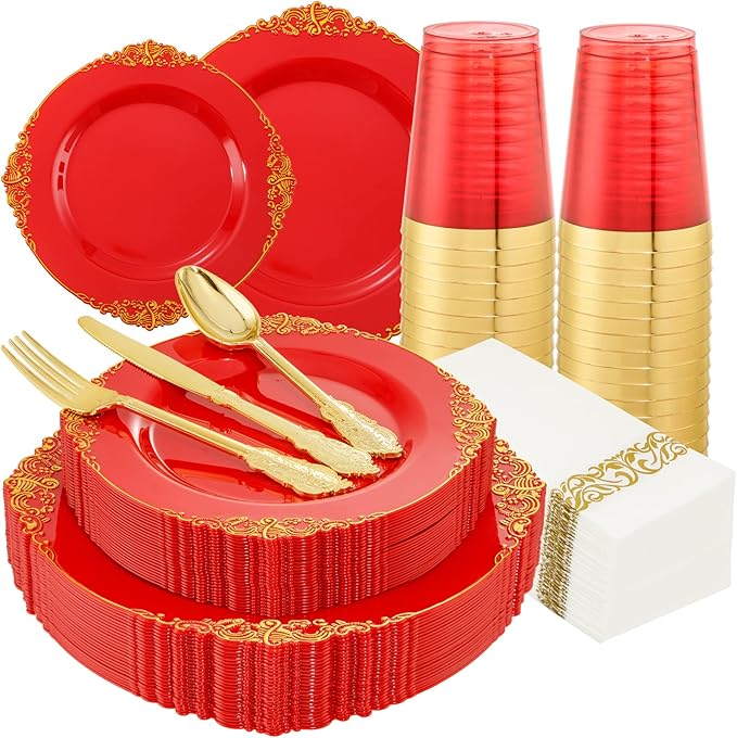 Morejoy 175PCS Red Plastic Plates,Red Disposable Plates With Gold Rim,Red and Gold Plastic Dinnerware Set Includes: 50 Plates,25 Silverware Sets,25 Cups,25 Napkins,Perfect for Party,Wedding