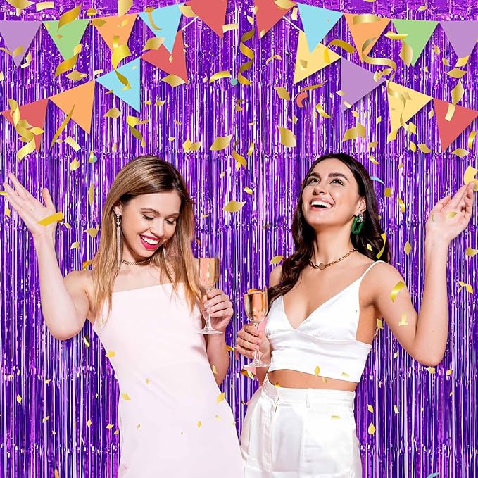 3 Pack Purple Foil Fringe Curtains Backdrop, 3.28 x 8.2 Ft Metallic Streamers Tinsel Curtains Background for Photo Booth, Birthday, Halloween, Christmas, Thanksgiving, New Year Party Decorations