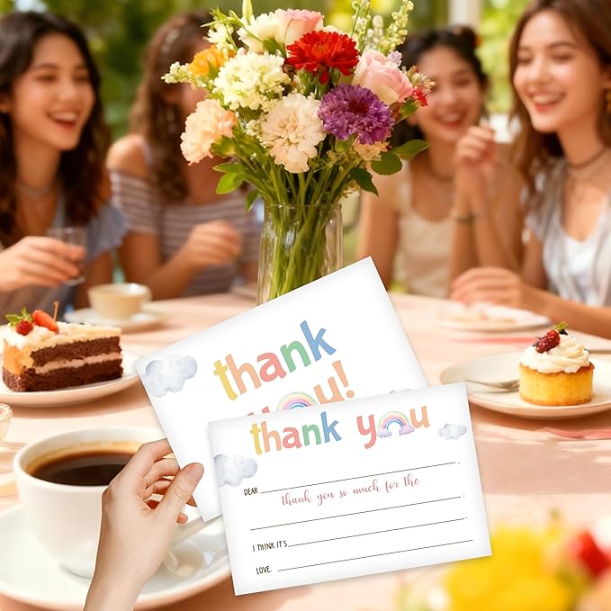 Kids Thank You Card, Rainbow Theme Thank You Notes, Watercolor Cloud Greeting Card With Envelope, Birthday Wedding Graduation Christmas Party Favors Supplies Decor(20 Pcs)-04