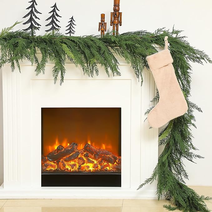 Jutom 1 PCS 9 ft Christmas Cedar Garland - Green Artificial Realistic Cedar Garland Faux Decoration for Table, Mantel, Wall Winter Holiday Party
