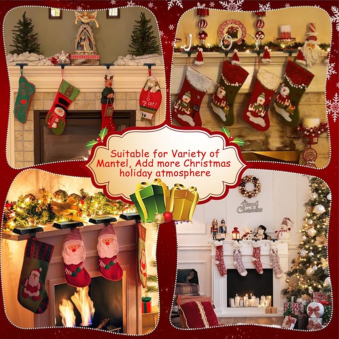 6 Pack Metal Christmas Stocking Holders for Mantle Heavy Duty Stocking Hangers Stocking Hook Christmas Ornaments for Counter Tables Window Fireplace Mantle Decoration (Black)