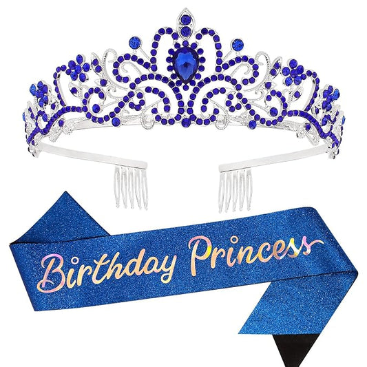 Velscrun Princess Crown, Tiaras for Girls, Blue Birthday Princess Sash for Girls, Birthday Girl Crown, Birthday Accessories for Girls, Princess Birthday Decorations, Princess Birthday Party Supplies