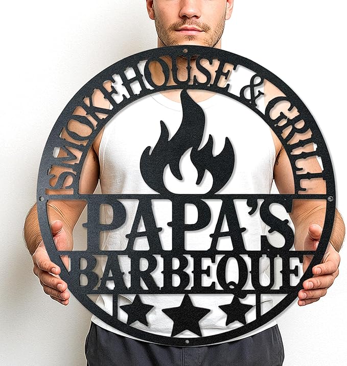 Custom BBQ Metal Sign Personalized Grill Name Wall Art for Outdoor Kitchen Patio Backyard Decor Fathers Gift for Dad Grandpa Husband Barbecue Smoker Area Sign, Grilling Lover Gifts 01