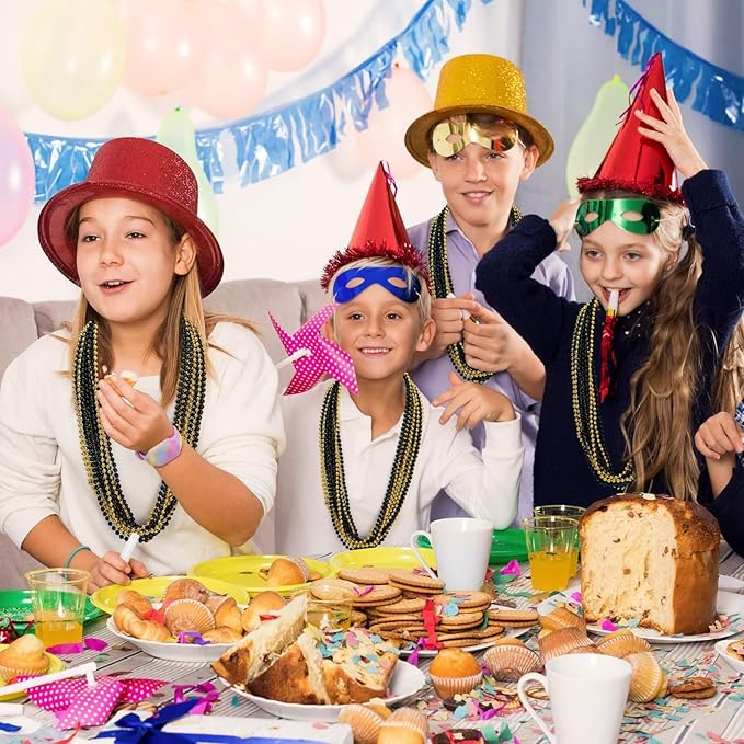 12PCS New Years Eve Bead Necklace, Black Gold Bead Costumes Necklace Party Supplies, 33" New Years Eve Necklaces Accessory Sets, Festival Parade Throw for Mardi Gras Celebrations Decorations