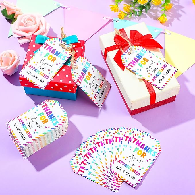 Spiareal 200 Pcs Thank You Gift Tags Bulk Thanks for All You Do Rainbow Tags with String White Paper Gift for Employee Appreciate Wedding Thanksgiving Party