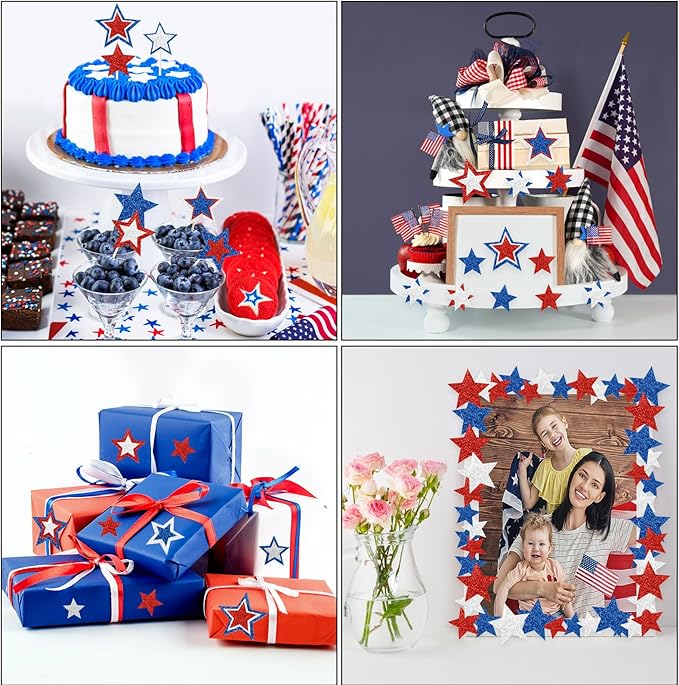 320Pcs Patriotic Foam Stars Stickers, 4th of July Foam Star Shaped Stickers Glitter Star Sticker Red White and Blue Stars Sticker for Home Office School Classroom DIY Art Craft Party Supplies
