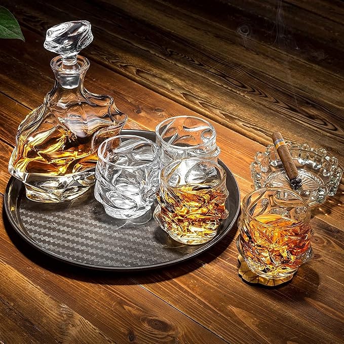 Whiskey Decanter Glasses Set Lead-Free Crystal Glass Scotch Tasting Cups Wine Bottle for Drinking Irish Whisky Bourbon Tequila tumbler (Iceberg, 1 Decanter & 6 Glasses Set)