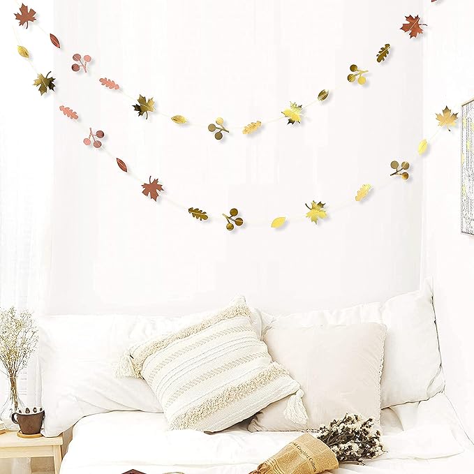 52Ft Fall Party Decorations Maple Leaf Garland Streamer Champagne Rose Gold Gradient Autumn Leaves Paper Banner for Thanksgiving Harvest Birthday Wedding Bridal Shower Engagement Party Decor