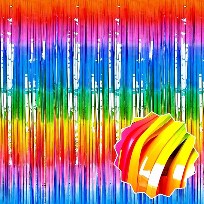 3 Pack Dark Rainbow Foil Fringe Curtains Backdrop, 3.28 x 8.2 Ft Metallic Streamers Tinsel Curtains Background for Photo Booth, Birthday, Christmas, Halloween, New Year Party Decorations