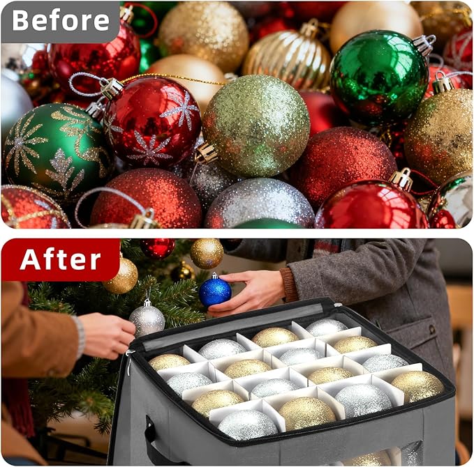 inin Christmas Ornament Storage Box with Adjustable Dividers,Christmas Ornaments Organizer with Zippered Top,Storage Container Bin for Holiday Decorations(64 Ball, Gray, Without Tray)