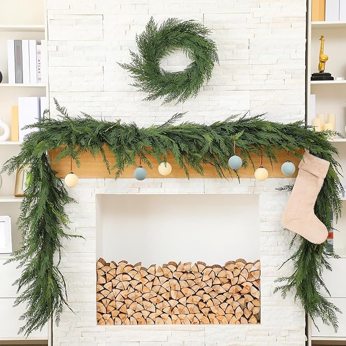Jutom 1 PCS 6 ft Christmas Cedar Garland - Green Artificial Realistic Cedar Garland Faux Decoration for Table, Mantel, Wall Winter Holiday Party