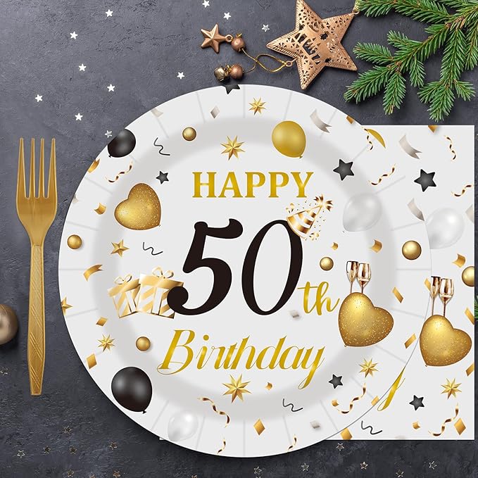 75PCS 50th Happy Birthday Plates and Napkins Party Decorations, 7 Inch Premium Grey and Gold Birthday Paper Dessert Cake Plates and Napkins Disposable Tableware Set Party Favors for Women Men
