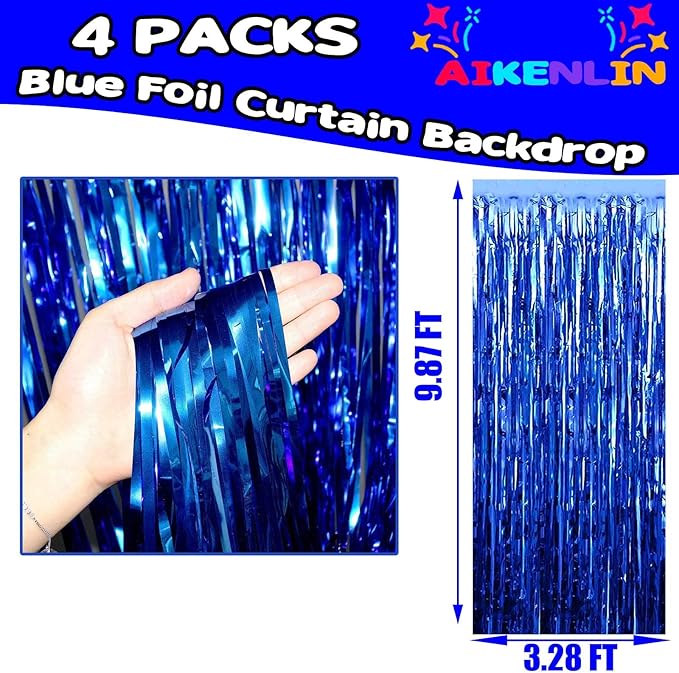 4 Pack 3.2Ft x 9.8Ft Blue Foil Fringe Curtain Backdrop, Metallic Tinsel Foil Fringe Streamers Curtains for Party, Photo Booth Props, Birthday, Wedding, Christmas Party Decoration Supplies