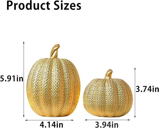 Pumpkin Fall Decor Indoor - Gold Pumpkin for Decorating, 2Pcs Resin Pumpkins Decor with Woven Effect, Thanksgiving Table Centerpiece, Fireplace, Autumn Harvest Party Decorations