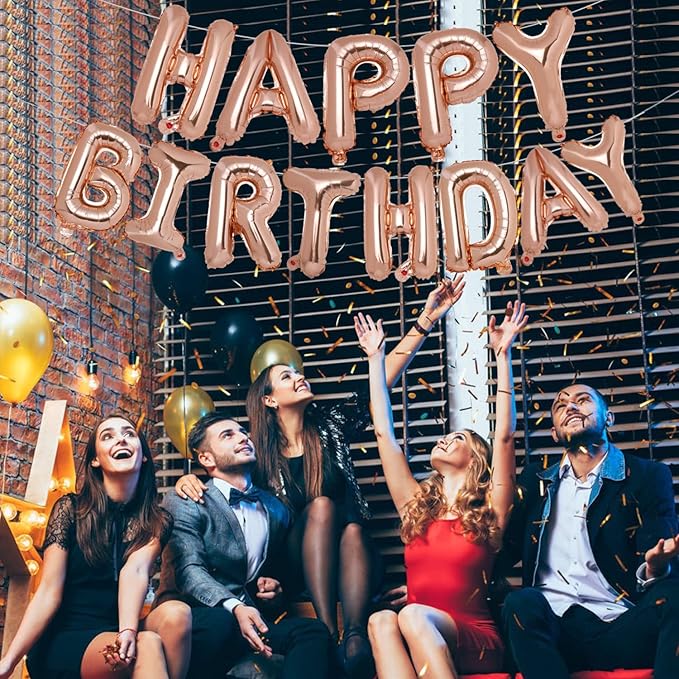 Accevo Rose Gold Happy Birthday Banner 16 Inch Foil Letters Balloons Happy Birthday Balloon for Kids, Child, Adults, Boys & Girls Birthday Decorations 3D Happy Birthday Balloons Sign Banner