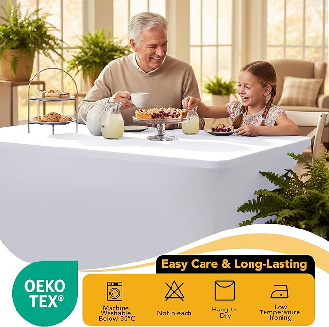 6-Pack Premium White Spandex Tablecloths for 8ft Rectangle Tables, Stain & Wrinkle-Resistant, Washable Stretch Polyester Fitted Table Cover for Weddings, Banquets, Trade Shows Events