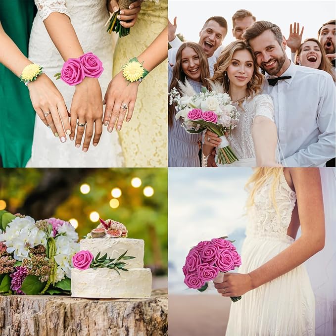 JOYLEX 100PCS Hot Pink Artificial Flowers Realistic Roses, Real Looking Fake Roses with Stem for DIY Wedding Bouquets Centerpieces Bridal Shower Party Home Romantic Decorations (Hot Pink, 100pcs)