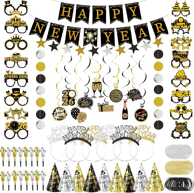 2026 New Years Decorations 75PCS New Year’s Eve Party Supplies Including Glasses, Cone Hats, Headband Tiaras, Banner, Horns, Necklaces for Party Decor Favor