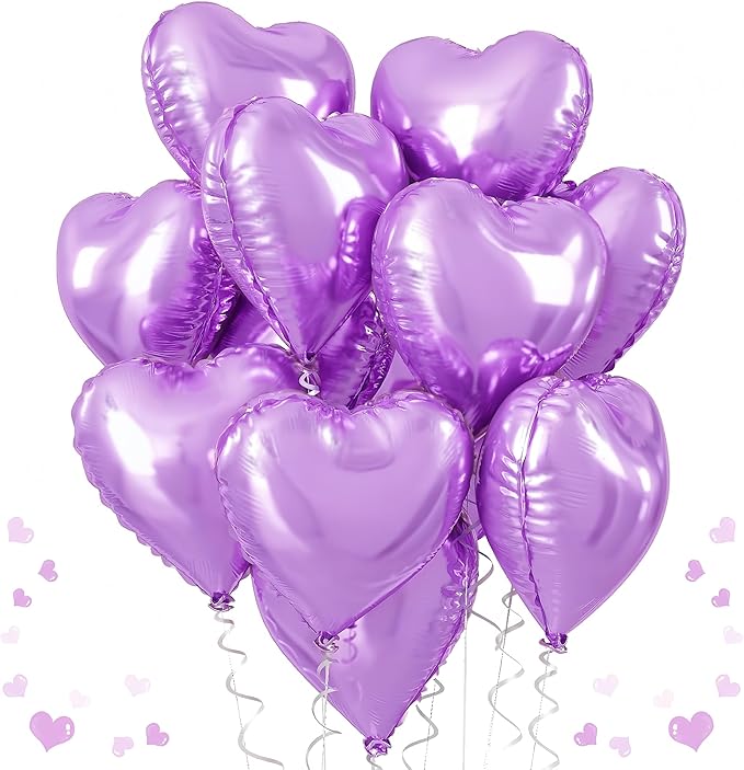 Purple Foil Heart Balloons, 12Pcs Lavender Purple Heart Shape Mylar Balloons, 18 Inch Light Purple Helium Heart Balloons for Girls Women Birthday Wedding Baby Shower Valentines Anniversary