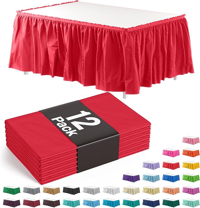 Exquisite Ruffle Table Skirt Red 12 Pack 14 Ft Long Table Skirts for Rectangle Tables 6ft Plus or Round Tables Skirts with Adhesive Strip for Gender Reveal Decor & Happy Birthday Parties