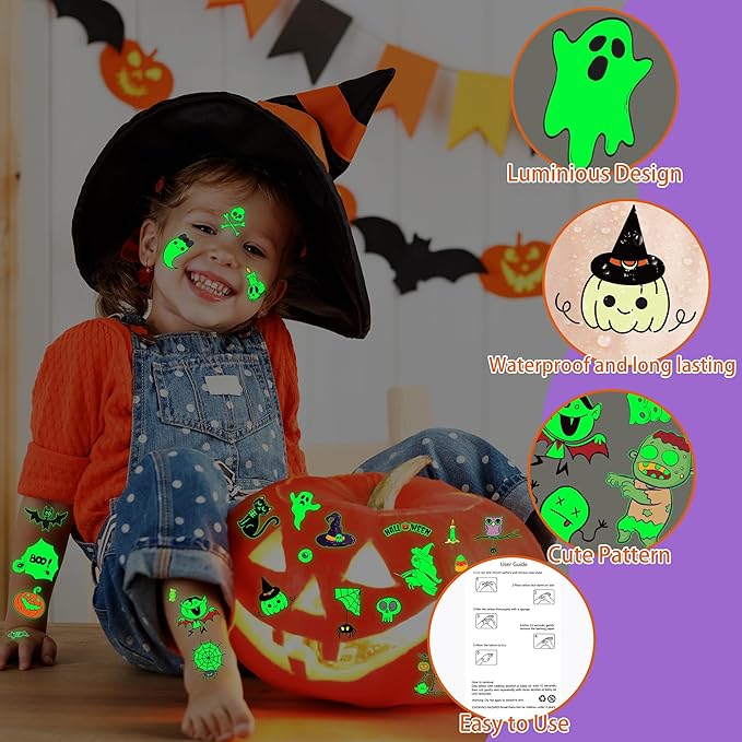 145 Styles Halloween Tattoos for Kids, 12PCS Halloween Luminous Tattoos, Glow in Dark Ghosts Pumpkin Fake Temporary Tattoos Stickers Bulk for Halloween Party Favors Accessories Supplies