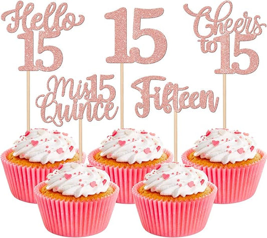 30PCS Happy 15th Birthday Cupcake Toppers Glitter Fifteen Mis Quince Hello 15 Cupcake Picks Cheers to 15 Birthday Decorations for 15th Birthday Anniversary Party Cake Decoration Supplies Rose Gold