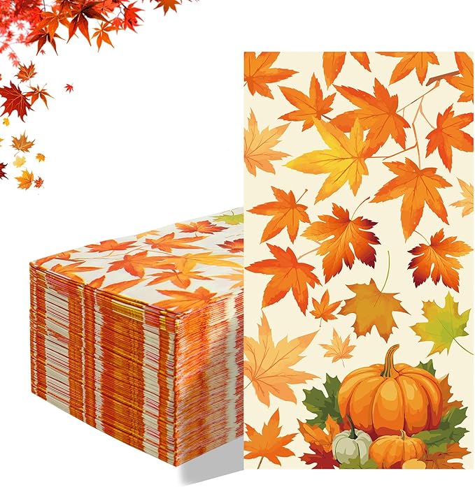 Fall Napkins Disposable 50 Pcs Fall Leaves Paper Napkins Decorative Falls Pumpkin Cocktail Napkins Autumn Napkin Thanksgiving Napkin Guest Hand Towels for Thanksgiving Autumn Harvest Party Supplies