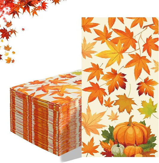 Fall Napkins Disposable 50 Pcs Fall Leaves Paper Napkins Decorative Falls Pumpkin Cocktail Napkins Autumn Napkin Thanksgiving Napkin Guest Hand Towels for Thanksgiving Autumn Harvest Party Supplies