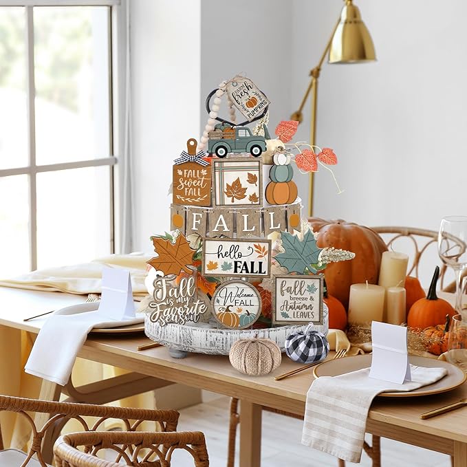 21 Pcs Thanksgiving Fall Tiered Tray Decoration Set Autumn Table Sign Pumpkins Farmhouse Decor Gnome Maple Leaves Centerpieces Harvest Wood Blocks Signs Fall Block Tabletop for Autumn
