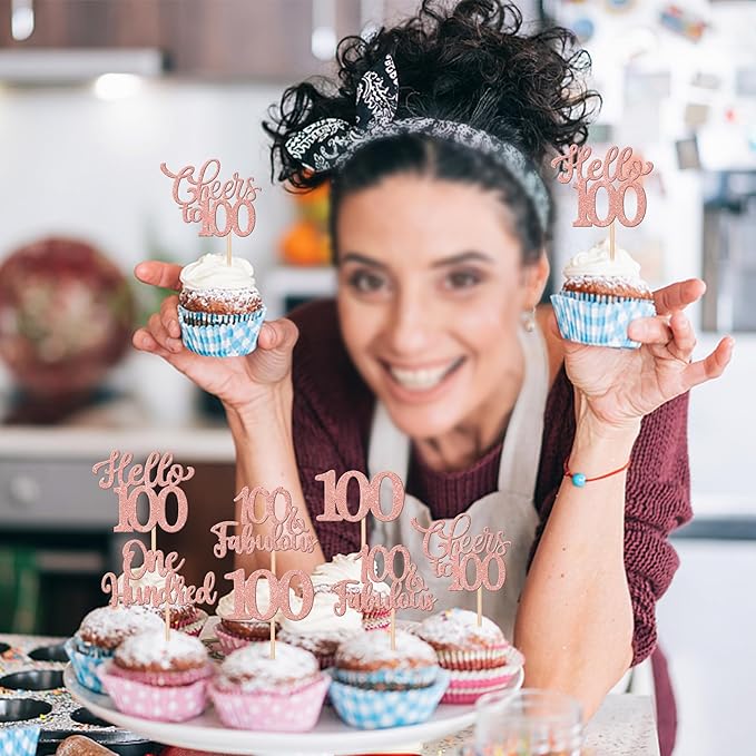 30PCS Happy 100th Birthday Cupcake Toppers One Hundred Cheers to 100 Years Birthday Cupcake Picks Hello 100 Fabulous Cake Decorations for Happy 100th Birthday Anniversary Party Supplies Rose Gold
