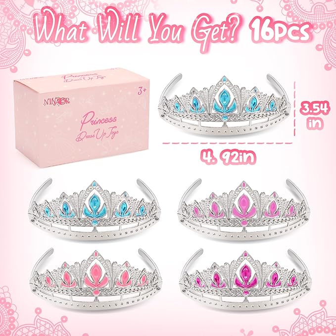 Princess Crown Party Favors, 16Pcs Princess Dress Up Tiaras for Birthday Girl Cosplay Accessories, Princess Pretend Play Jewelry Party Supplies