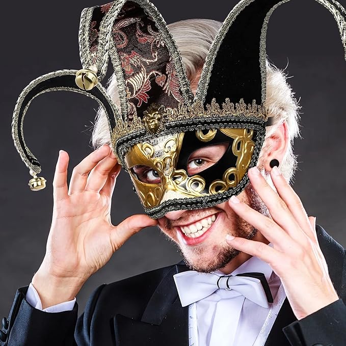 KIPETTO Venetian Jester Mask Masquerade Vintage Half Face Masks for Mardi Gras Halloween Cosplay Musical Party