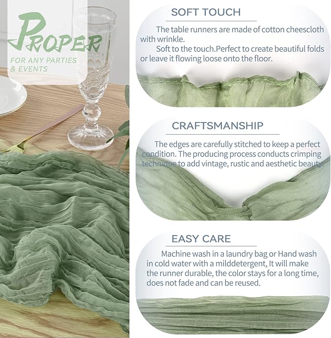 3 Pack Sage Green Cheesecloth Table Runner, 13Ft x 35" Sage Rustic Gauze Boho Wedding Table Runner Decoration, Wedding Party Bridal Shower
