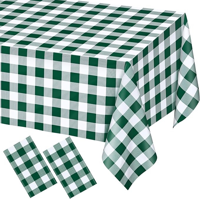 WNINK 2 Pack Green and White Checkered Rectangular Plastic Tablecloths, Green Gingham Waterproof Disposable Table Covers 54" x 108" for Birthday, Wedding, Outdoor Picnic Camping Parties